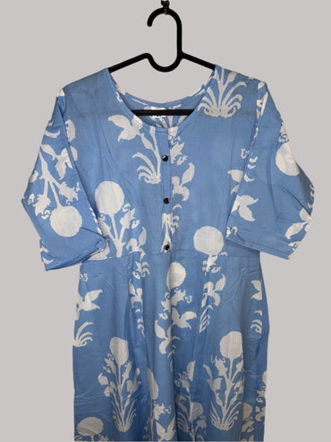 "Sky Blue Floral Cotton Kurti – Lightweight, Comfortable & Stylish for Everyday Wear"